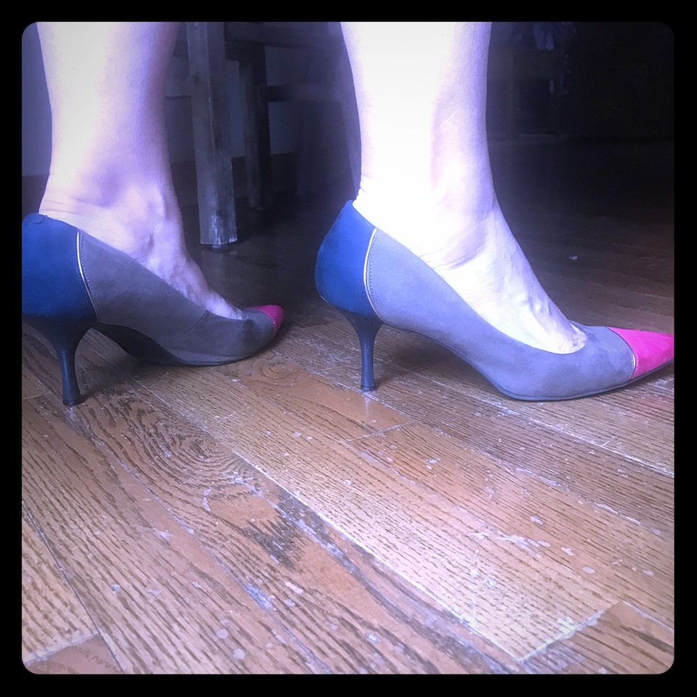 Multi colored, suede, kitten heels